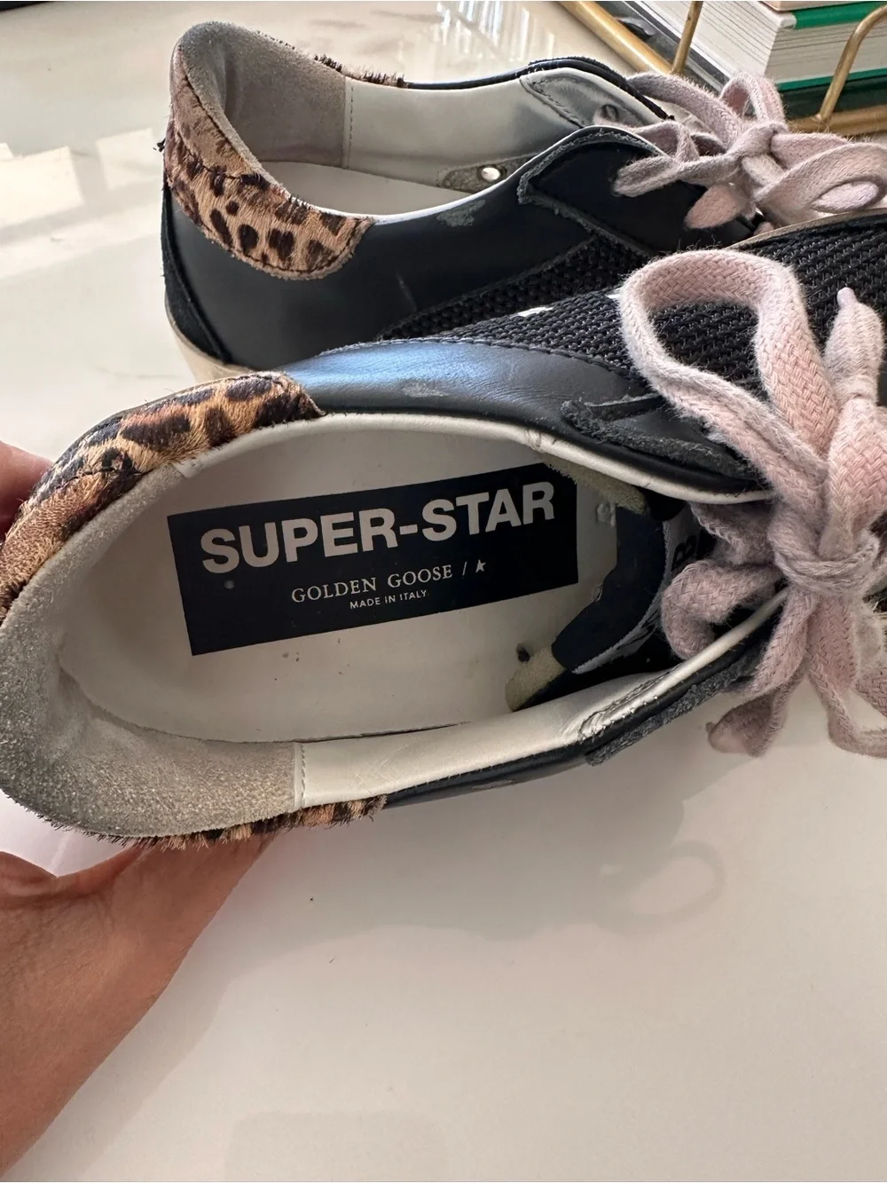 Golden Goose Superstar black leather and mesh upper golf star leopard back size